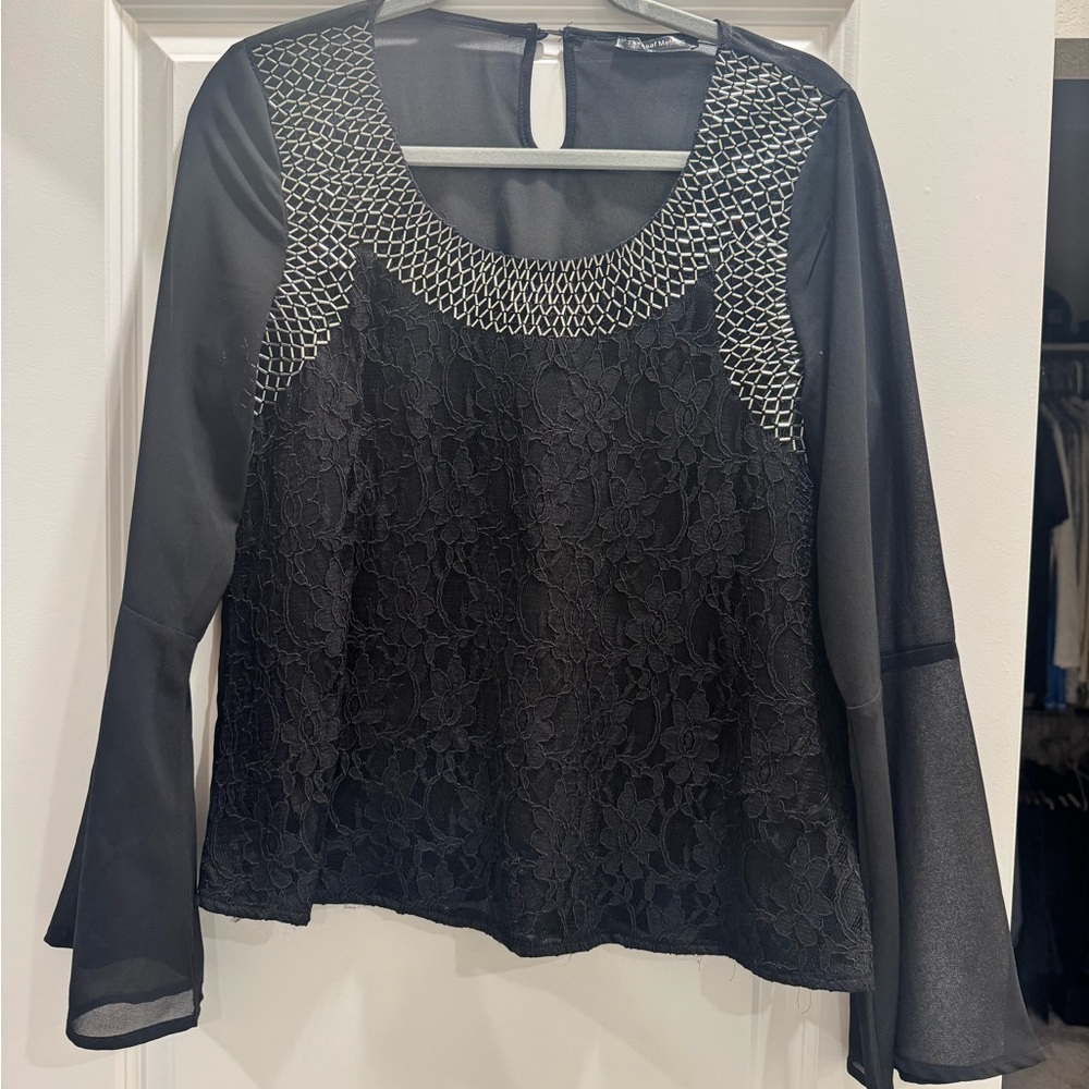 Buckle Black Lace Blouse with Silver Accents